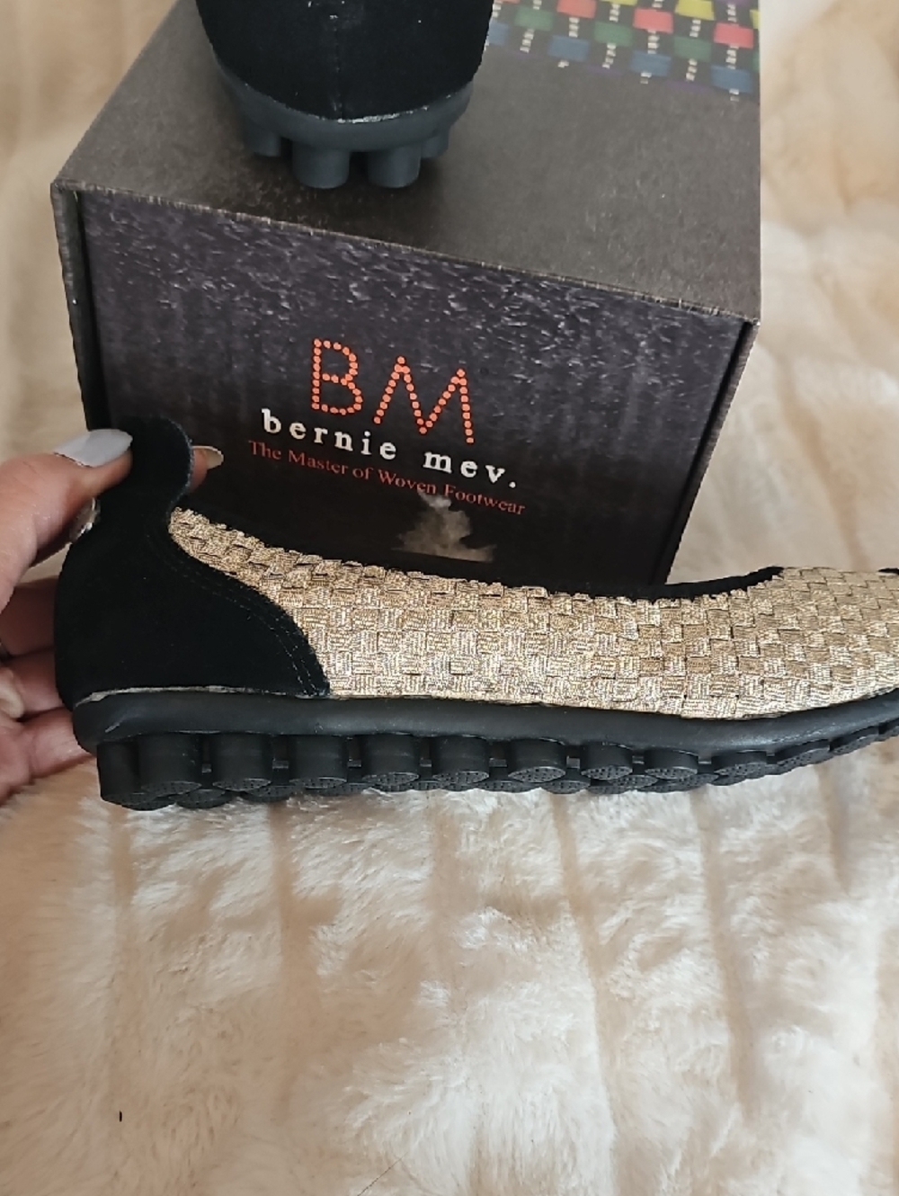bernie mev. Gold Woven Ballet Flats with Black Trim - Picture 7 of 10